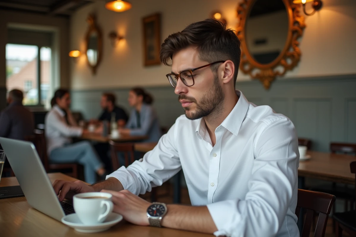 Jeune professionnel utilisant un smartphone et un ordinateur portable dans un café lyonnais pour accéder à internet