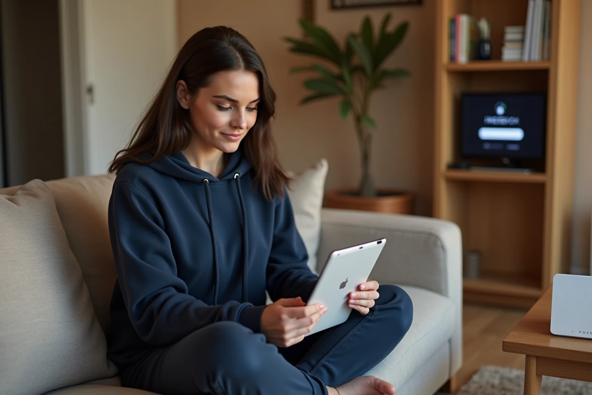Femme accédant à l'interface Mafreebox sur une tablette depuis son salon