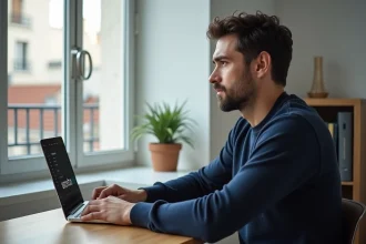 Homme accédant à un site internet depuis son bureau à domicile à Paris avec un ordinateur portable