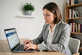 Femme activant son compte EDocPerso fr pour la première fois sur un ordinateur portable dans un bureau à domicile