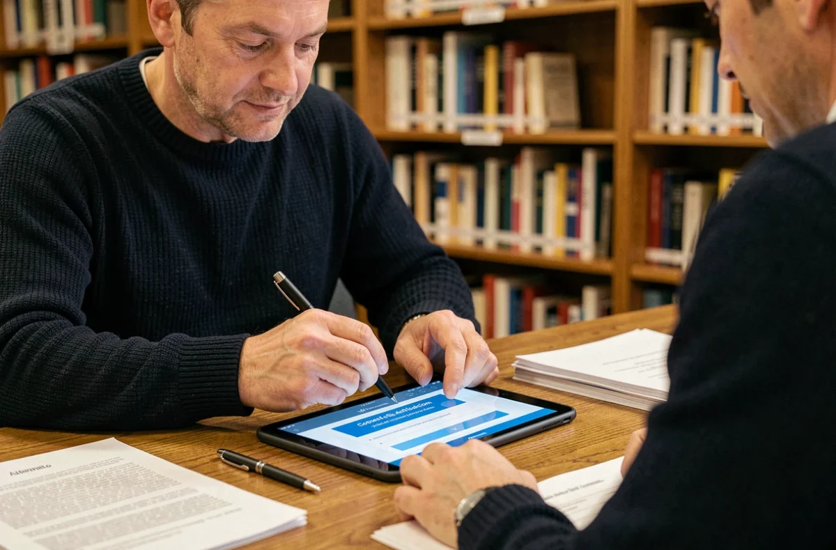 Homme en train d'activer son espace EDocPerso sur une tablette dans une bibliothèque publique