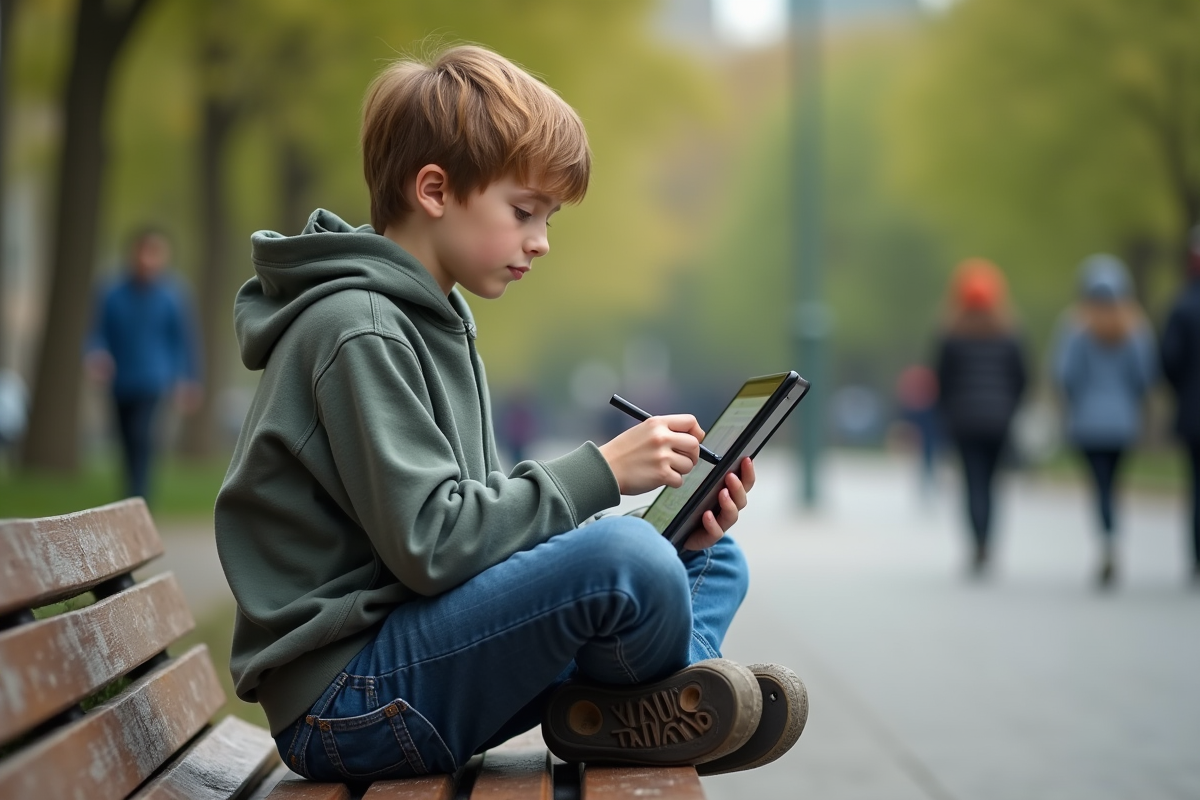 Adolescent dessinant sur une tablette dans un parc urbain