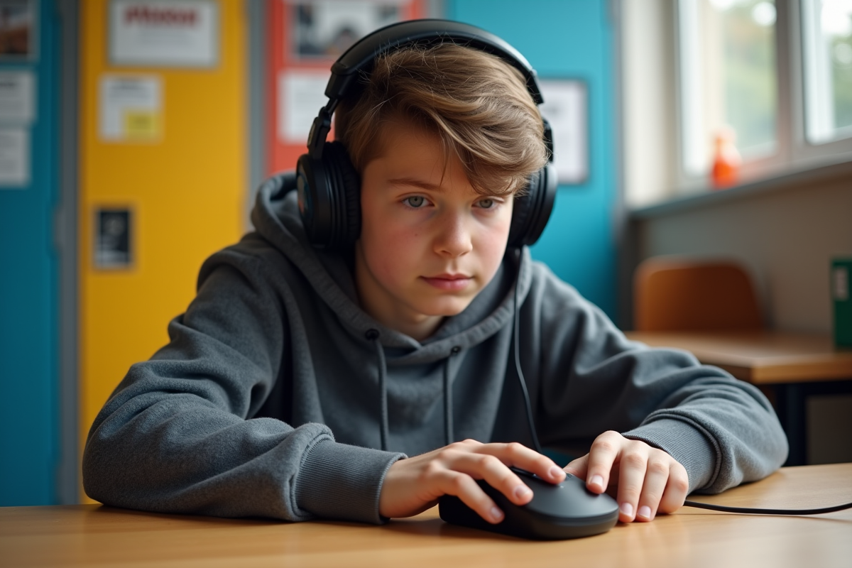 Adolescent concentré jouant à un jeu vidéo dans un espace scolaire lumineux