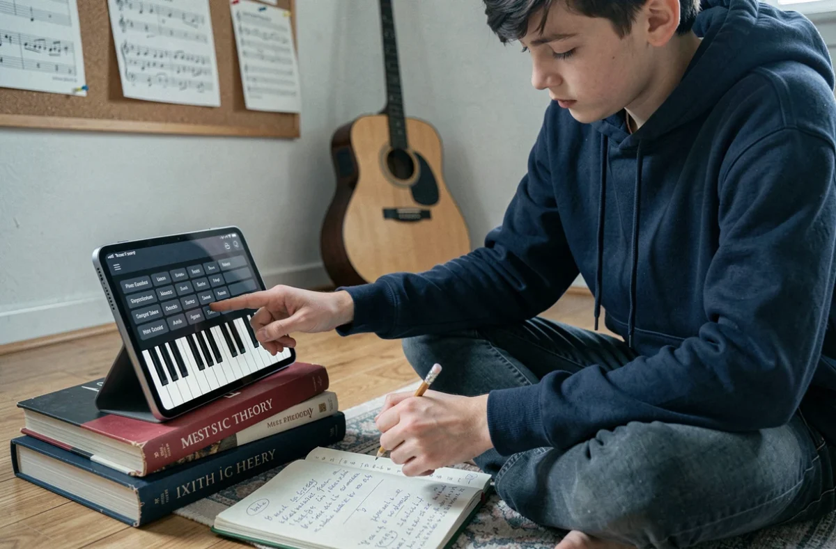 Adolescent apprenant le solfège avec une application de piano virtuel sur tablette posée par terre dans sa chambre