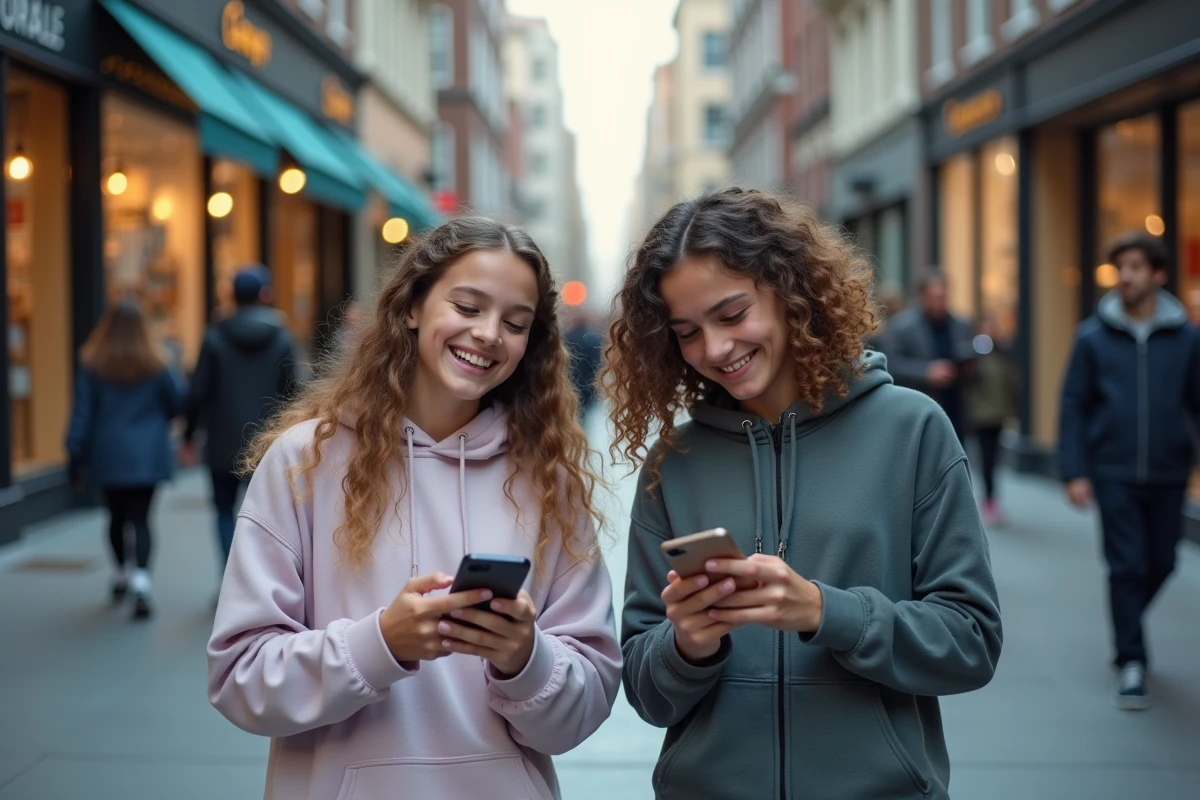Deux adolescentes riant en regardant un effet de rotation sur leur smartphone dans la rue