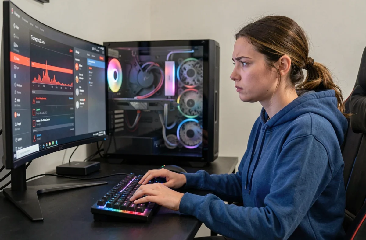 Femme inquiète devant un écran affichant des alertes de température élevée sur un PC gamer en surchauffe