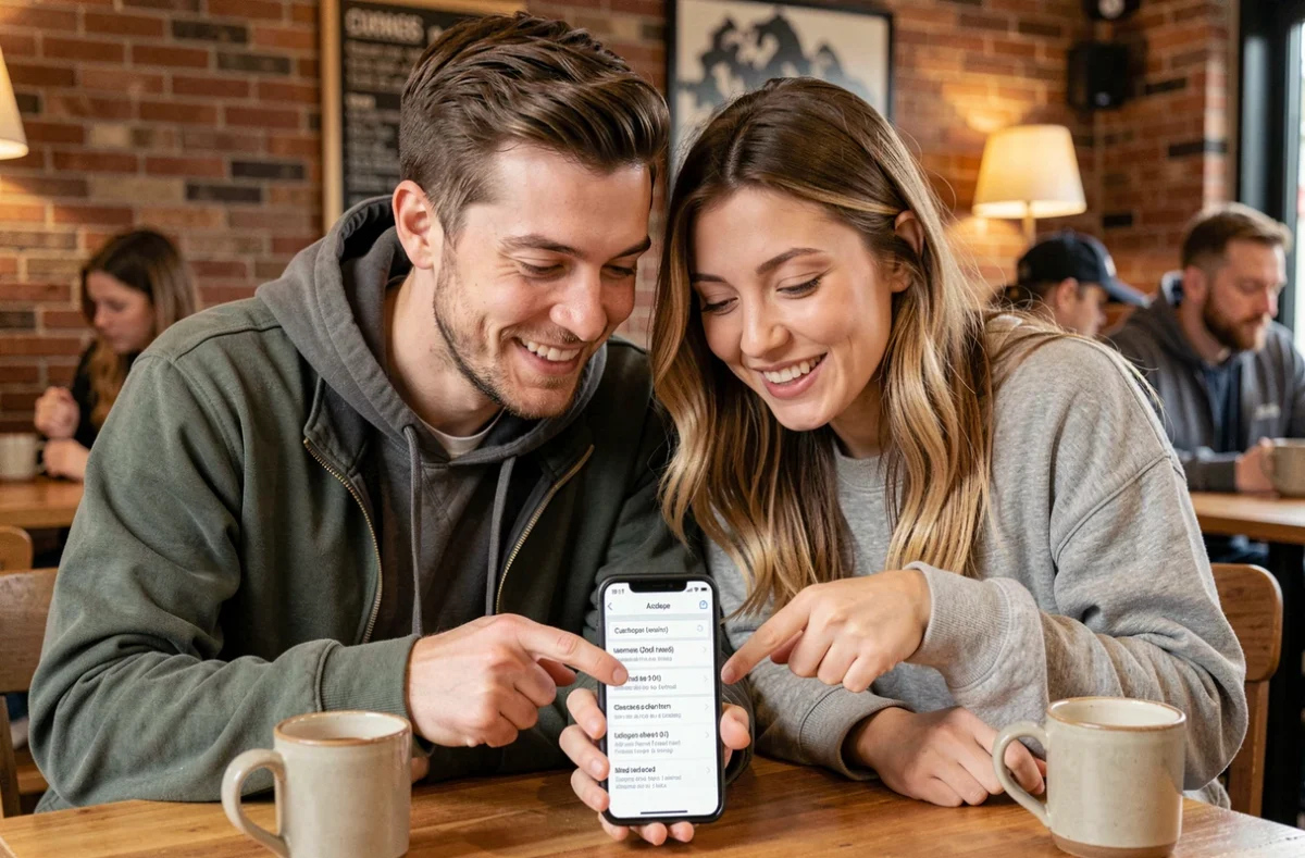 Deux amis consultant Jvarchive sur smartphone pour retrouver un pseudo JVC dans un café