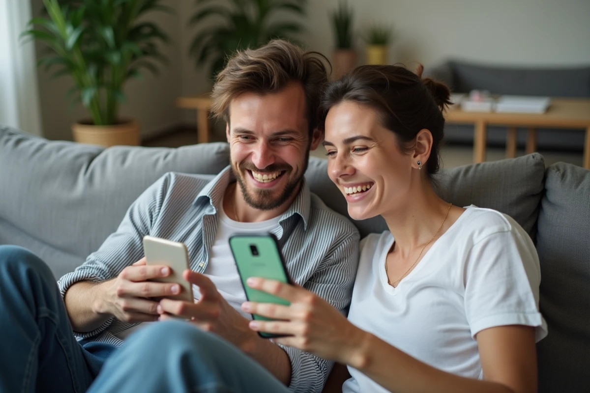 Deux amis regardant des messages WhatsApp avec texte en italique gras et barré sur un canapé