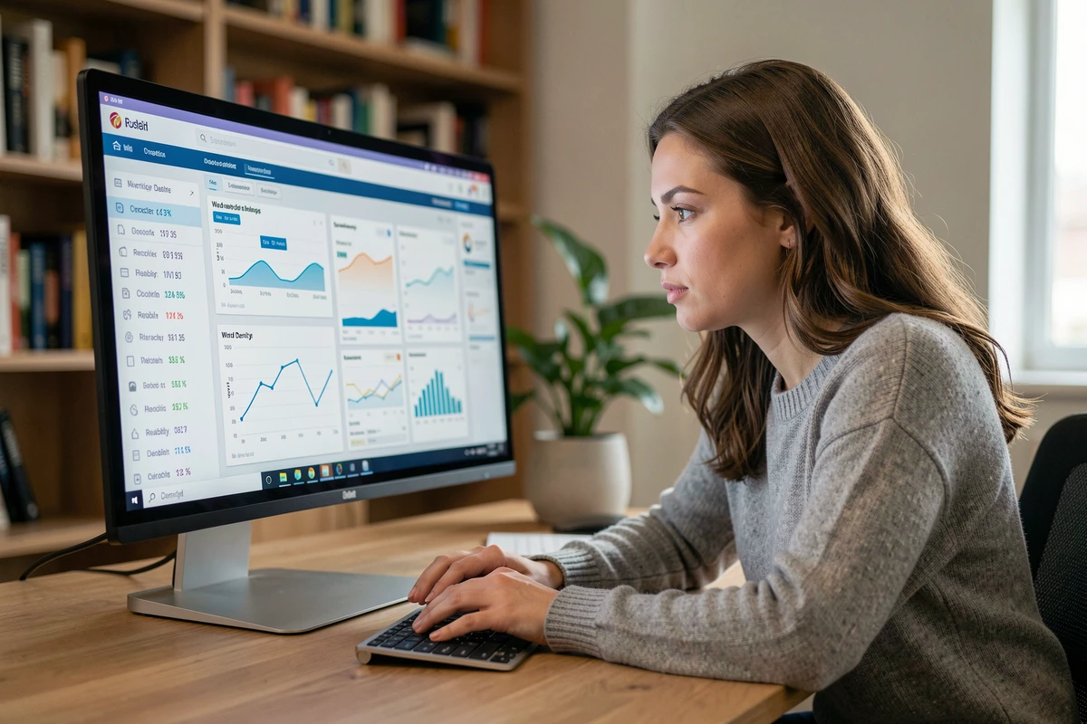 Femme analysant des statistiques de texte sur un écran d'ordinateur avec des graphiques de densité et de lisibilité