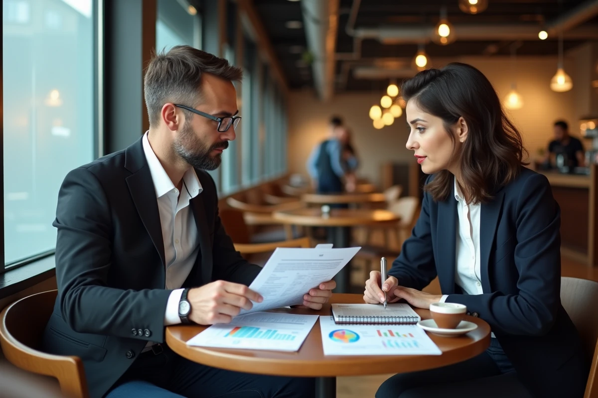 Deux professionnels analysant les erreurs d'une stratégie Grovop autour d'un rapport imprimé dans un café