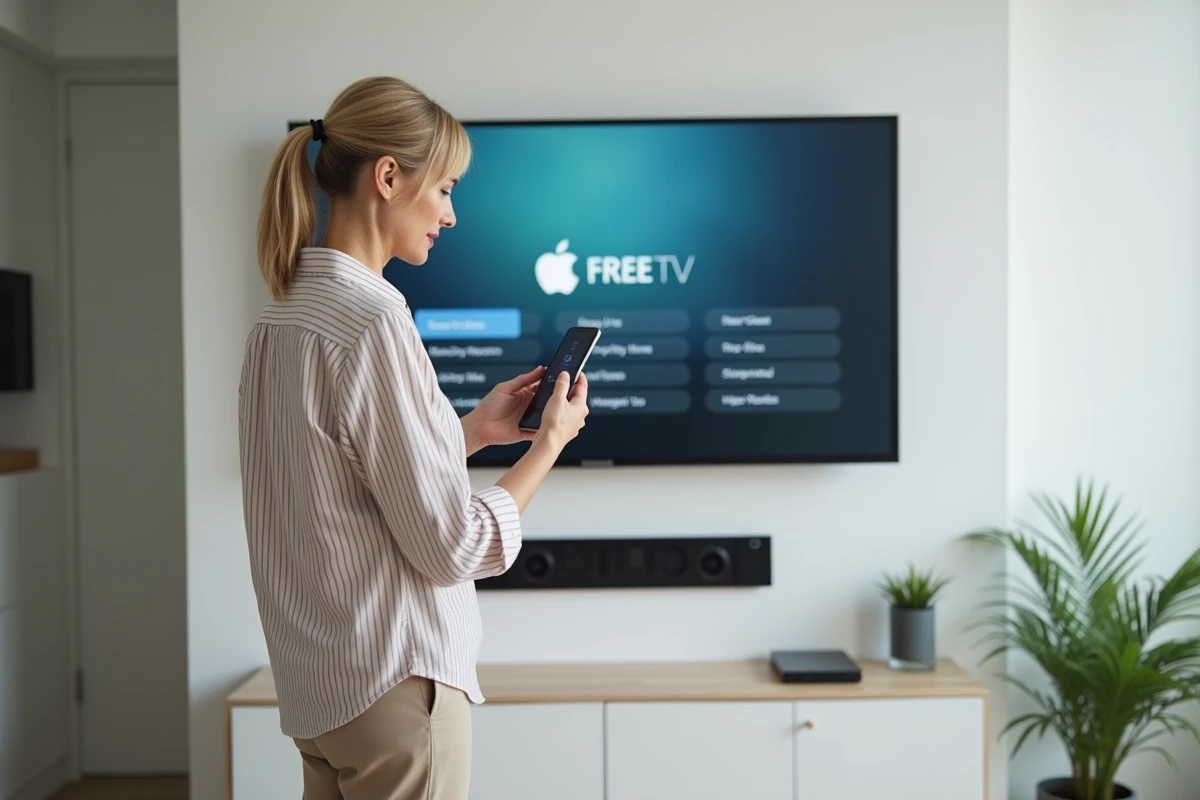 Femme utilisant une application télécommande sur iPhone devant une télévision Free dans un appartement moderne