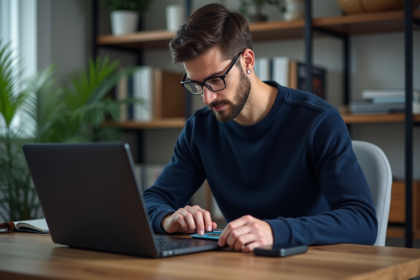 Jeune homme assemble un ordinateur dans un bureau moderne
