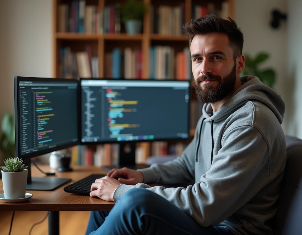 Développeur web travaillant sur l'audit d'accessibilité d'une page HTML avec des outils de contraste et de structure sémantique sur deux écrans