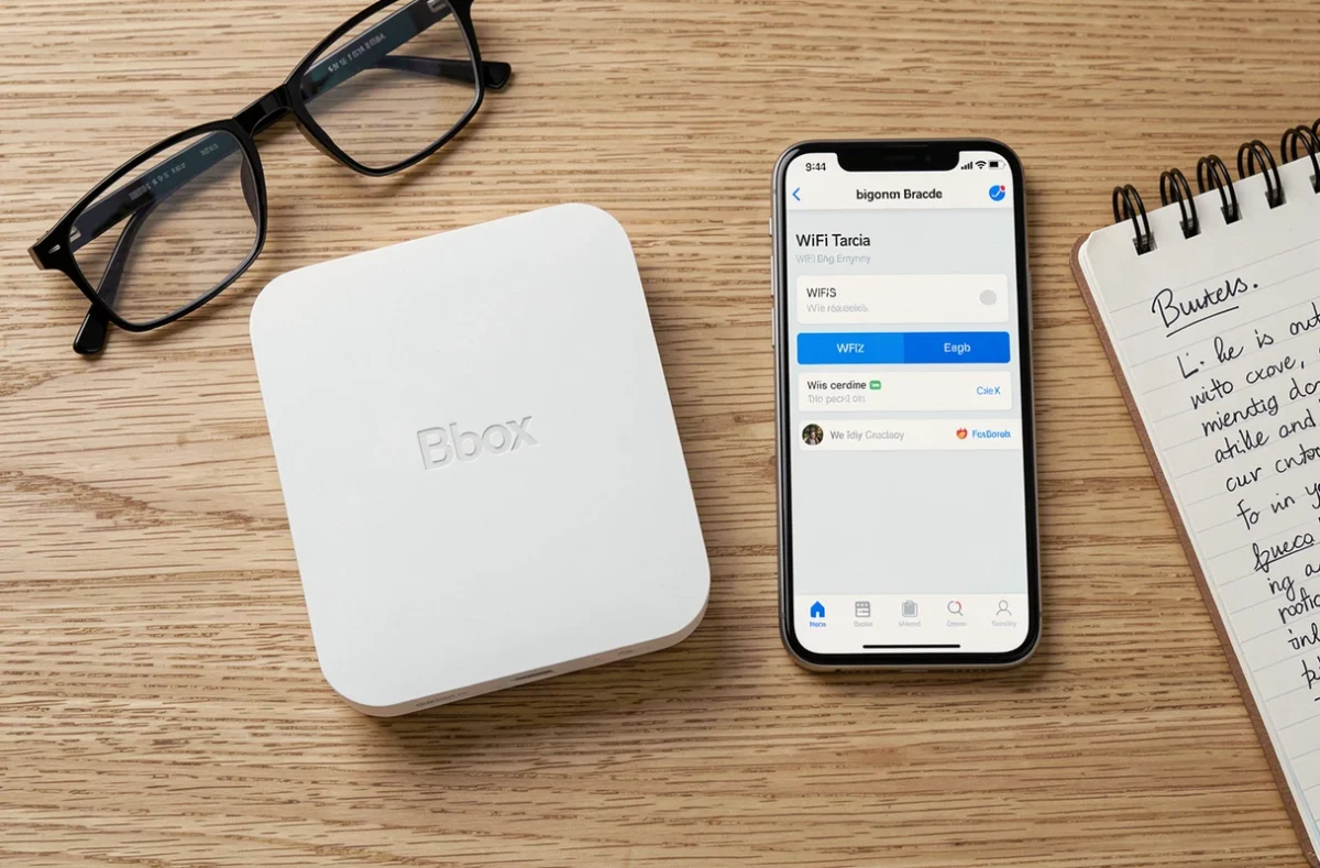 Vue du dessus d'une Bbox et d'un smartphone affichant l'application Bouygues Telecom avec les informations de connexion WiFi