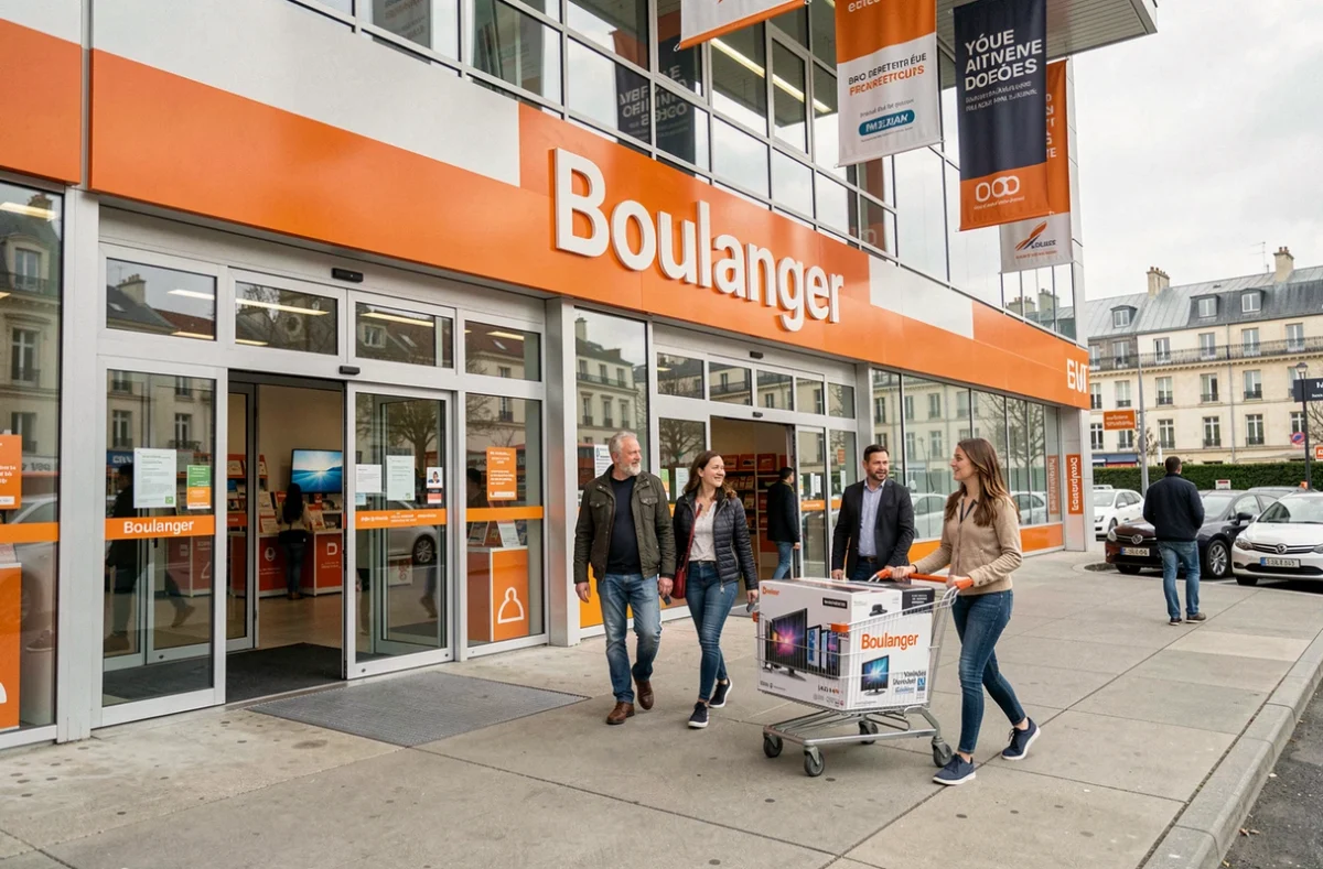 Entrée d'un magasin Boulanger à Paris avec des clients et l'enseigne orange caractéristique bien visible