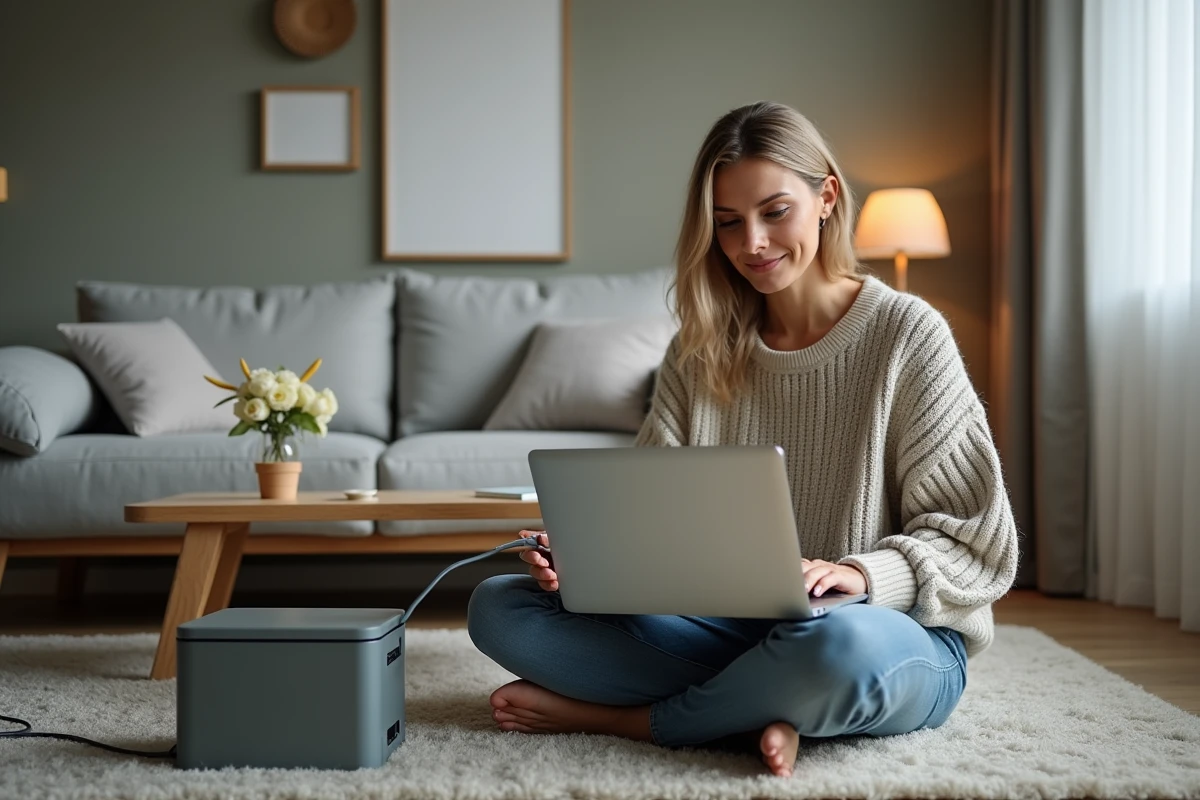 Femme branchant un câble Ethernet sur une nouvelle box internet dans un salon moderne