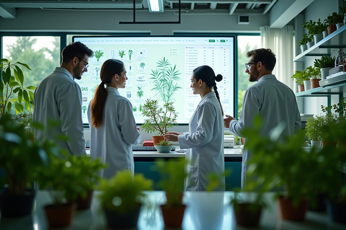 Groupe de chercheurs collaborant dans un laboratoire moderne avec plantes et écrans