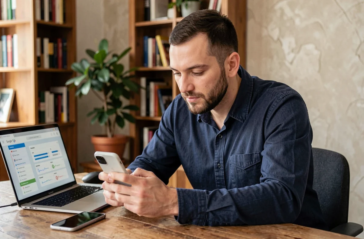 Homme comparant les caractéristiques du Google Pixel 9 sur un ordinateur portable dans un bureau à domicile