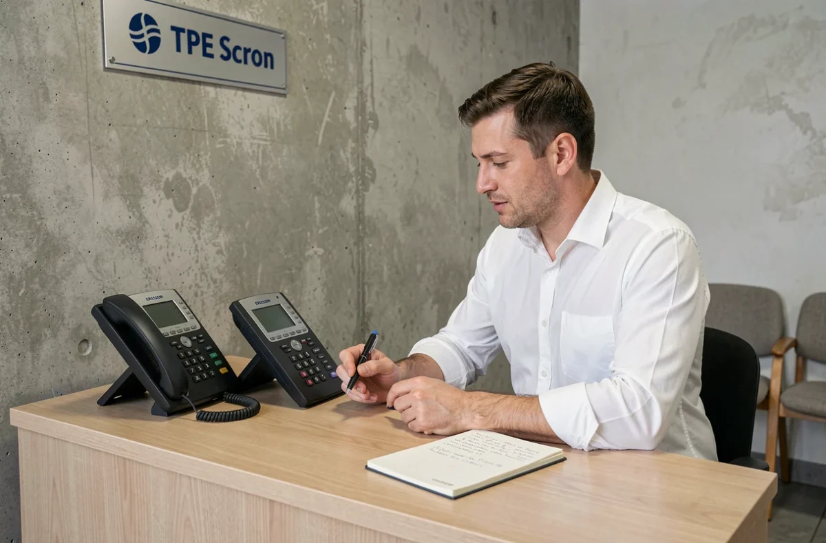 Employé TPE comparant deux modèles de téléphones IP Ericsson sur un bureau de réception de petite entreprise
