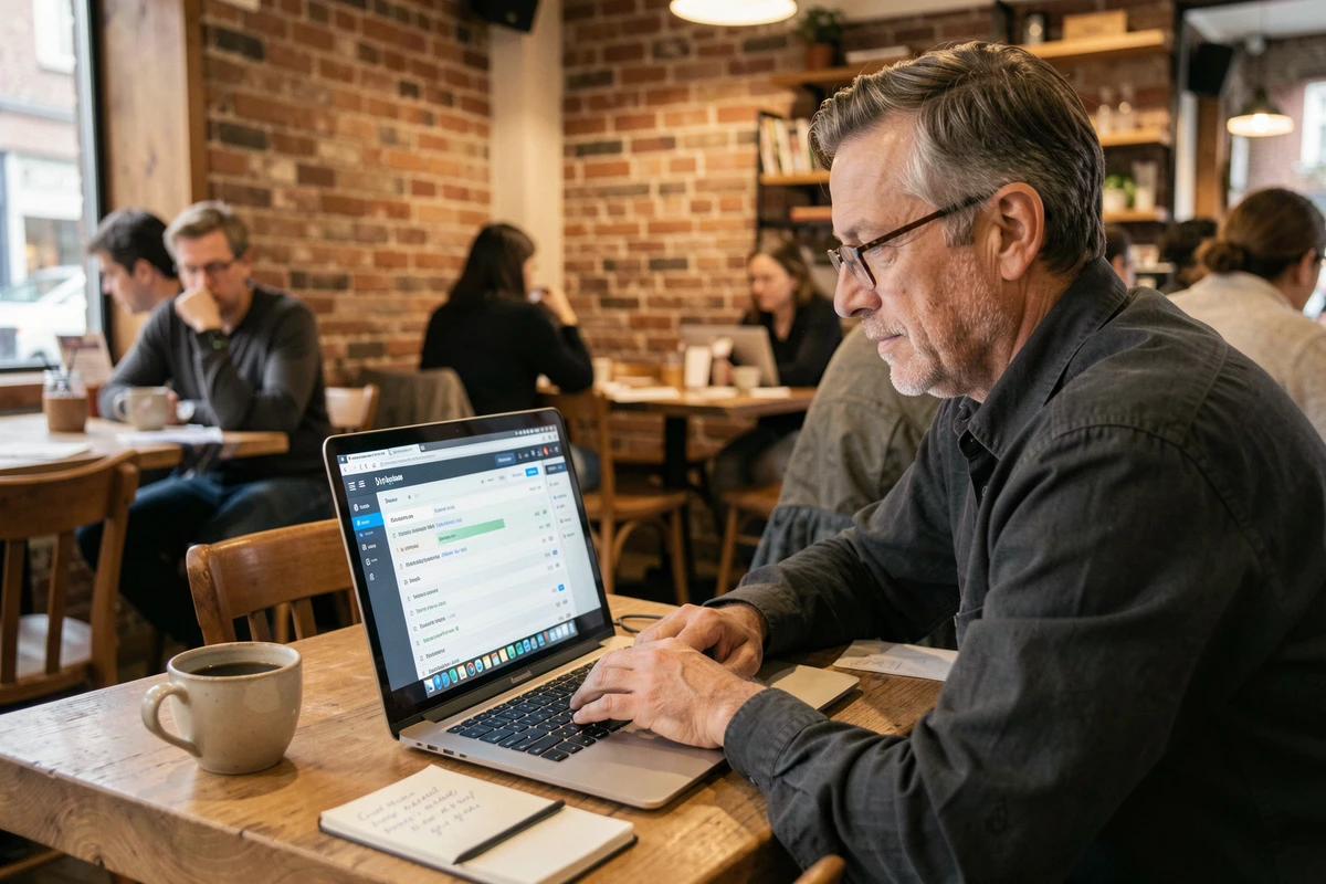 Homme avec lunettes travaillant sur un outil de comptage de caractères et analyse de lisibilité dans un café