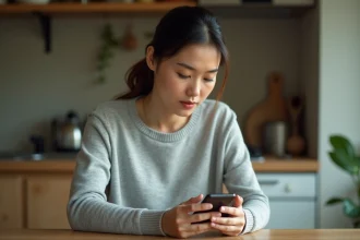 Femme configurant la messagerie Ia87 sur son smartphone Android dans une cuisine moderne