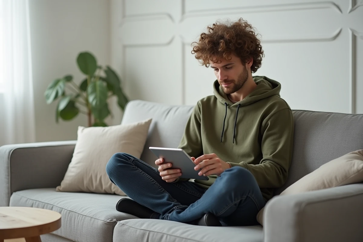 Jeune homme configurant la messagerie Ia87 sur smartphone et tablette dans un salon minimaliste