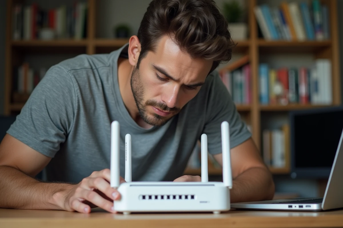 Homme configurant un nouveau routeur internet dans un bureau à domicile