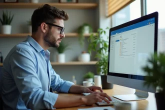 Homme configurant un compte Webmail Amiens sur Outlook depuis son bureau à domicile