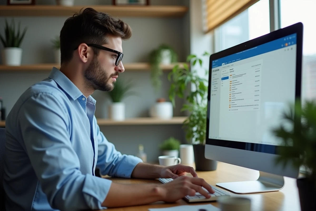 Homme configurant un compte Webmail Amiens sur Outlook depuis son bureau à domicile