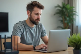 Homme connectant sa Freebox depuis un ordinateur portable à son bureau à domicile