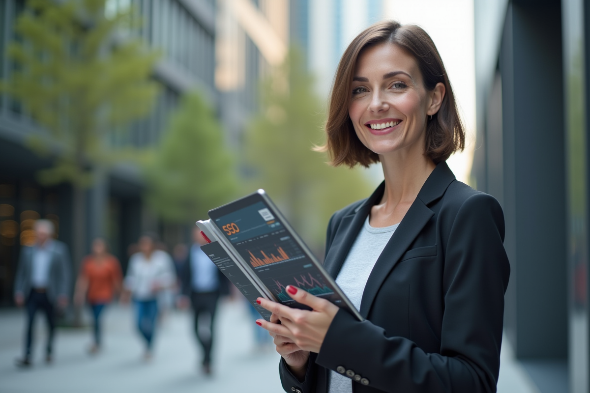 Femme consultante SEO avec tablette dans un environnement urbain