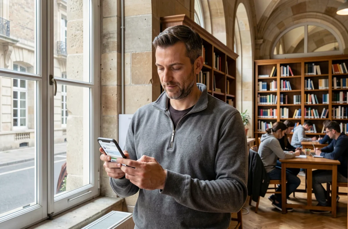 Homme consultant sa messagerie Webmail Toulouse sur smartphone dans une bibliothèque universitaire
