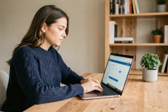 Femme créant une adresse email sécurisée sur un ordinateur portable dans un bureau à domicile moderne