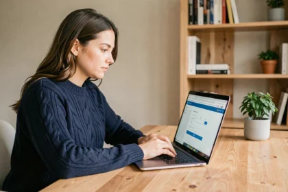 Femme créant une adresse email sécurisée sur un ordinateur portable dans un bureau à domicile moderne
