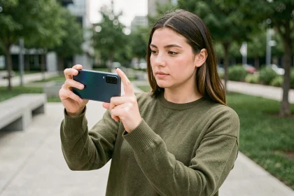 Créatrice de contenu filmant une vidéo avec le Samsung Galaxy S25 dans un parc urbain
