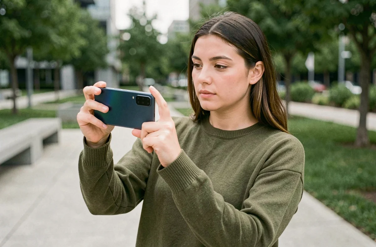 Créatrice de contenu filmant une vidéo avec le Samsung Galaxy S25 dans un parc urbain