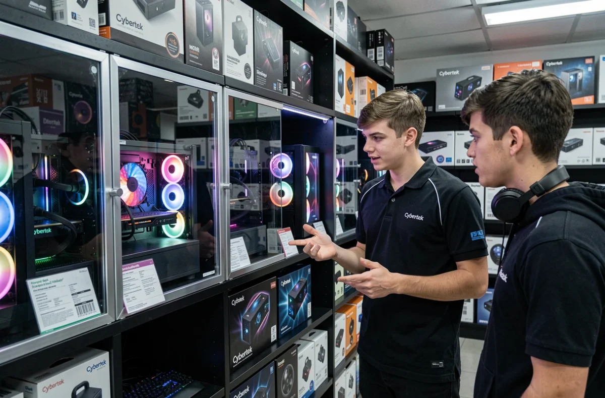 Intérieur du magasin Cybertek Paris avec des PC gaming exposés et un vendeur conseillant un client