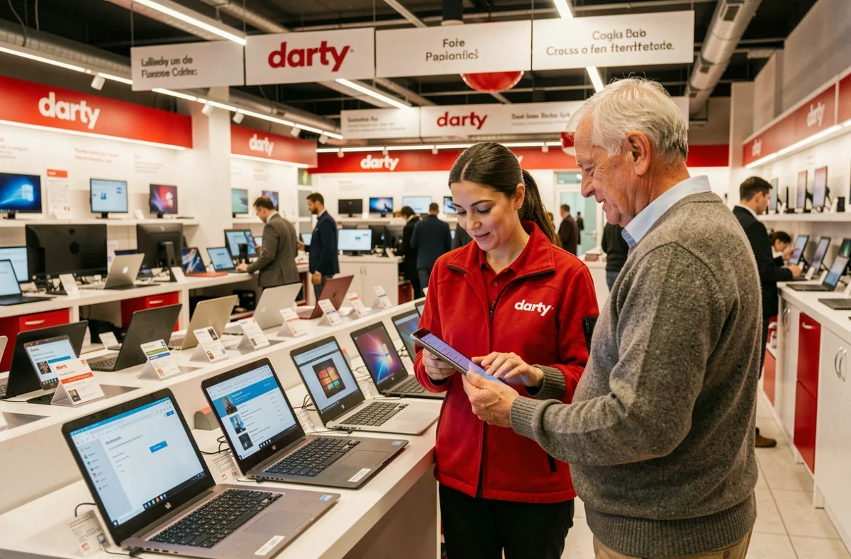 Rayon informatique d'un magasin Darty à Paris avec une vendeuse en uniforme rouge aidant un client senior