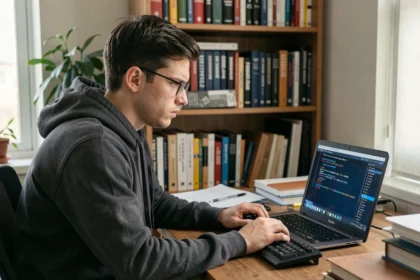 Jeune développeur débutant analysant des erreurs dans un terminal shell sur son ordinateur portable dans un bureau à domicile