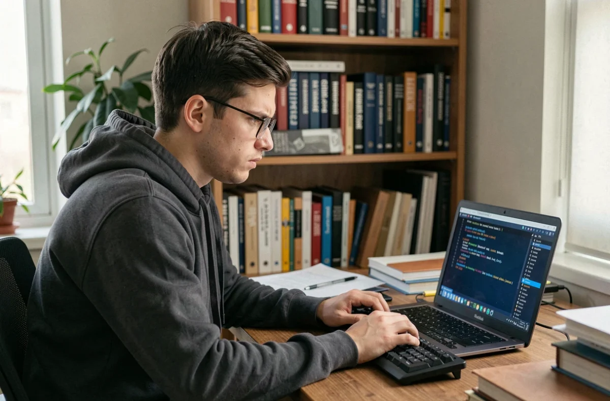 Jeune développeur débutant analysant des erreurs dans un terminal shell sur son ordinateur portable dans un bureau à domicile