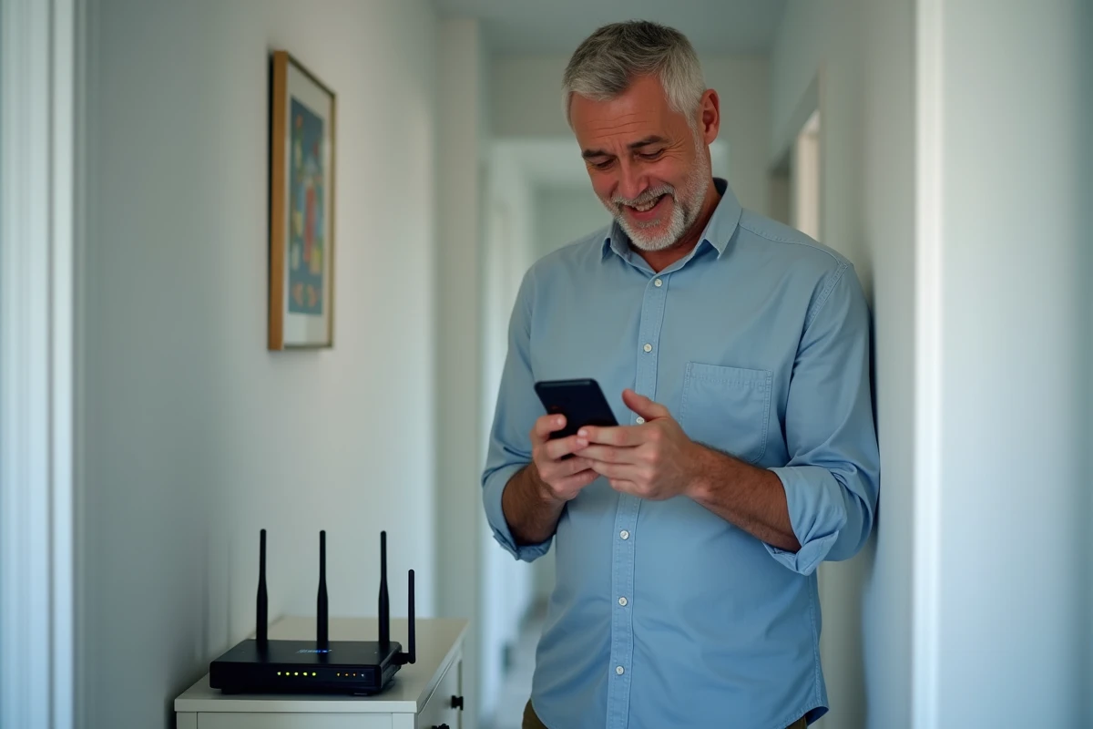 Homme consultant son smartphone pour résoudre un problème de connexion Mafreebox dans le couloir