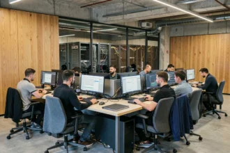 Bureau de dépannage informatique en Bourgogne-Franche-Comté avec techniciens travaillant sur des postes informatiques modernes