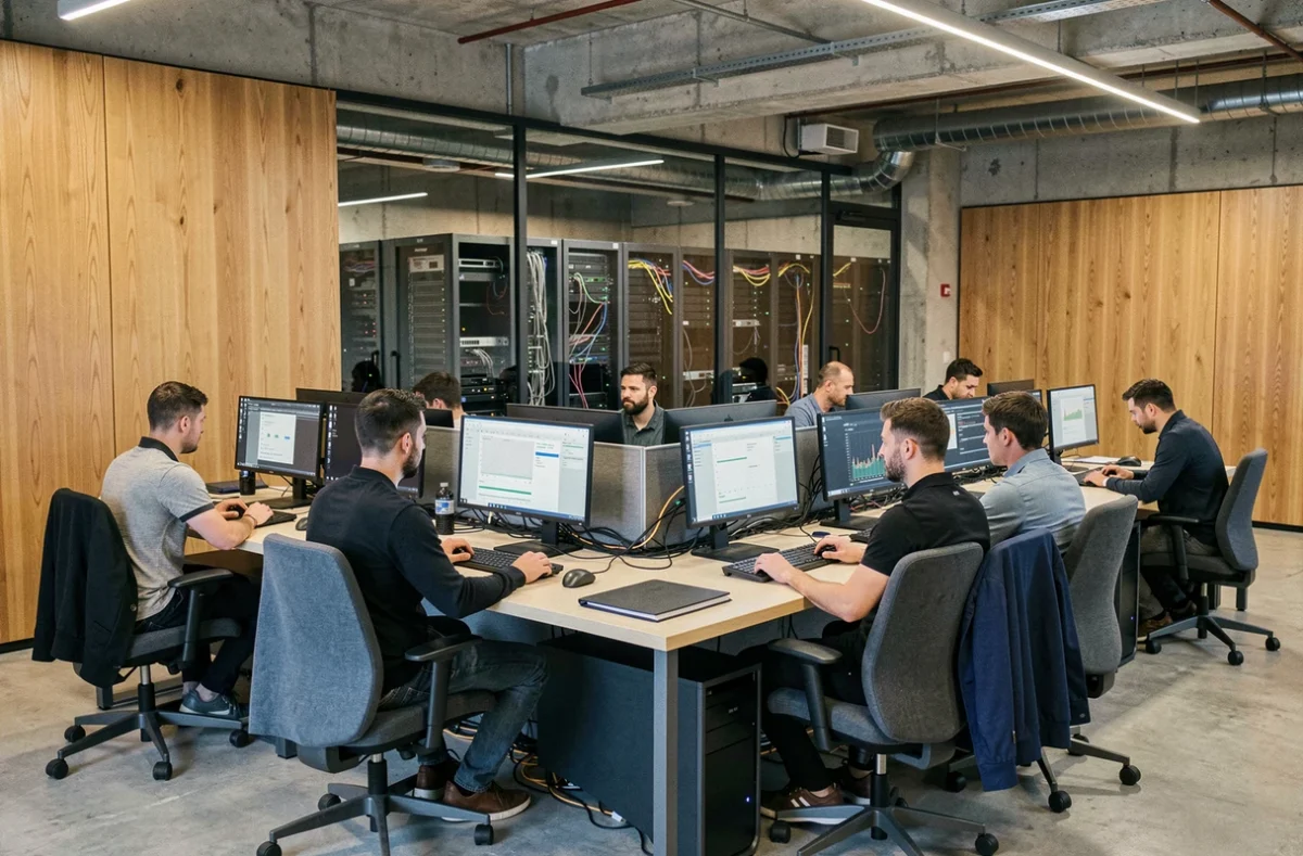 Bureau de dépannage informatique en Bourgogne-Franche-Comté avec techniciens travaillant sur des postes informatiques modernes