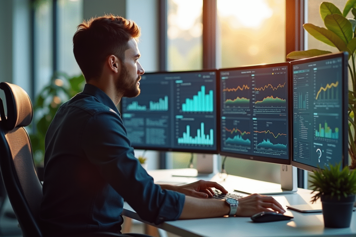 Webdesigner concentré à son bureau lumineux pour l'optimisation