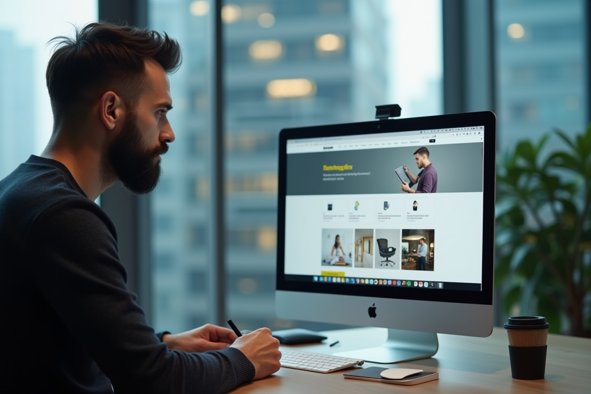 Homme webdesigner examinant une page Shopify sur un grand écran