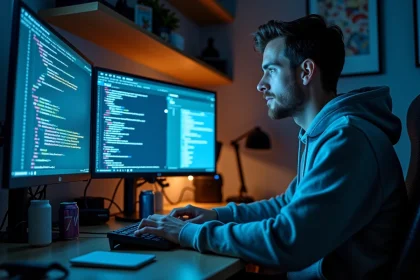 Développeur configurant une clé de licence FiveM sur un poste de travail multi-écrans avec dashboard serveur visible