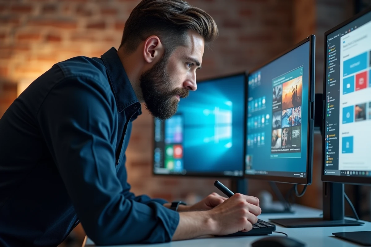 Développeur utilisant une interface graphique Windows sur écran tactile dans un espace de travail moderne