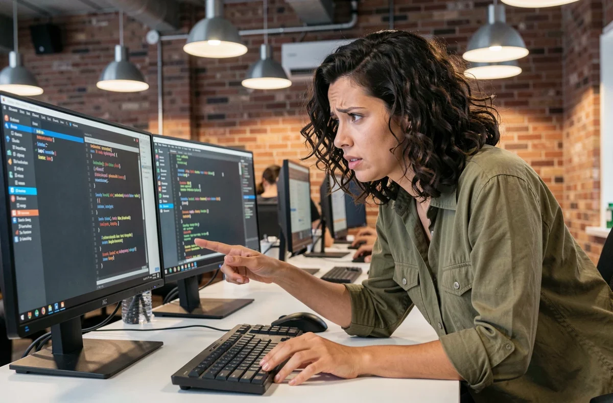 Développeuse débutante face à des messages d'erreur dans un shell Linux sur double écran dans un espace de coworking