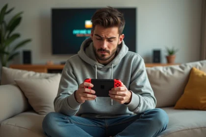 Homme tenant une manette Joy-Con Nintendo Switch et examinant un problème de synchronisation dans son salon