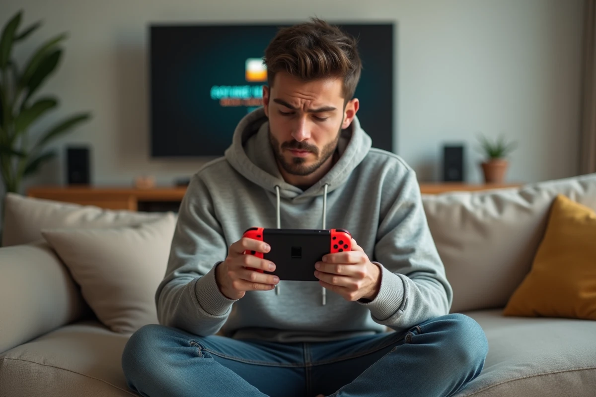 Homme tenant une manette Joy-Con Nintendo Switch et examinant un problème de synchronisation dans son salon